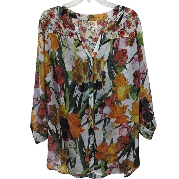 4069) Figueroa & Flower Semi Sheer Colorful Button Down 3/4 Sleeve blouse Sz 2X - Picture 1 of 10